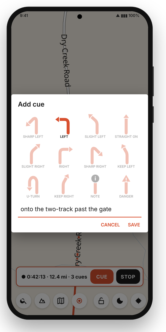 The cue picker: arrows, note, danger